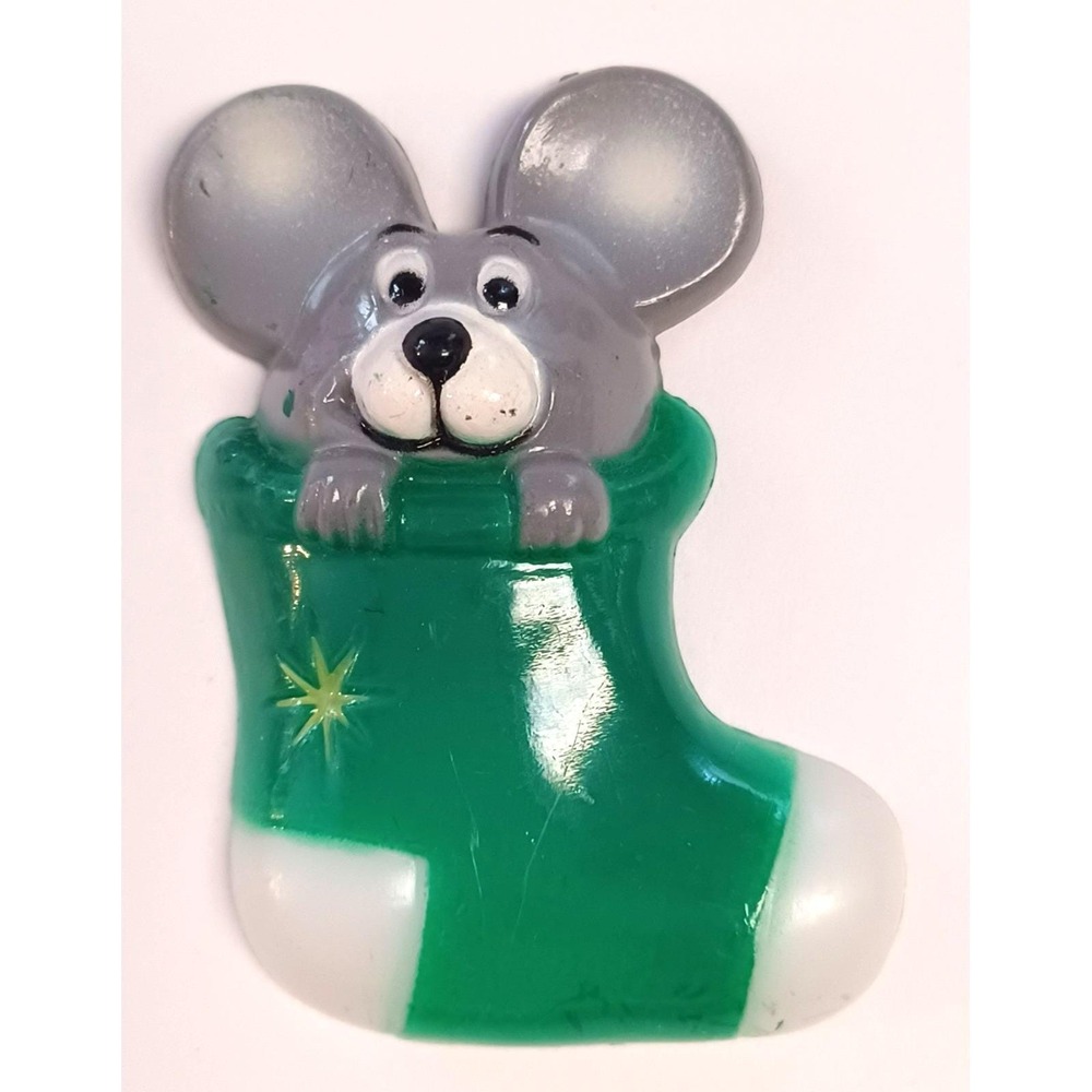 Vintage JSNY Christmas Mouse in Stocking Plastic Fridge Magnet 1980s Holiday